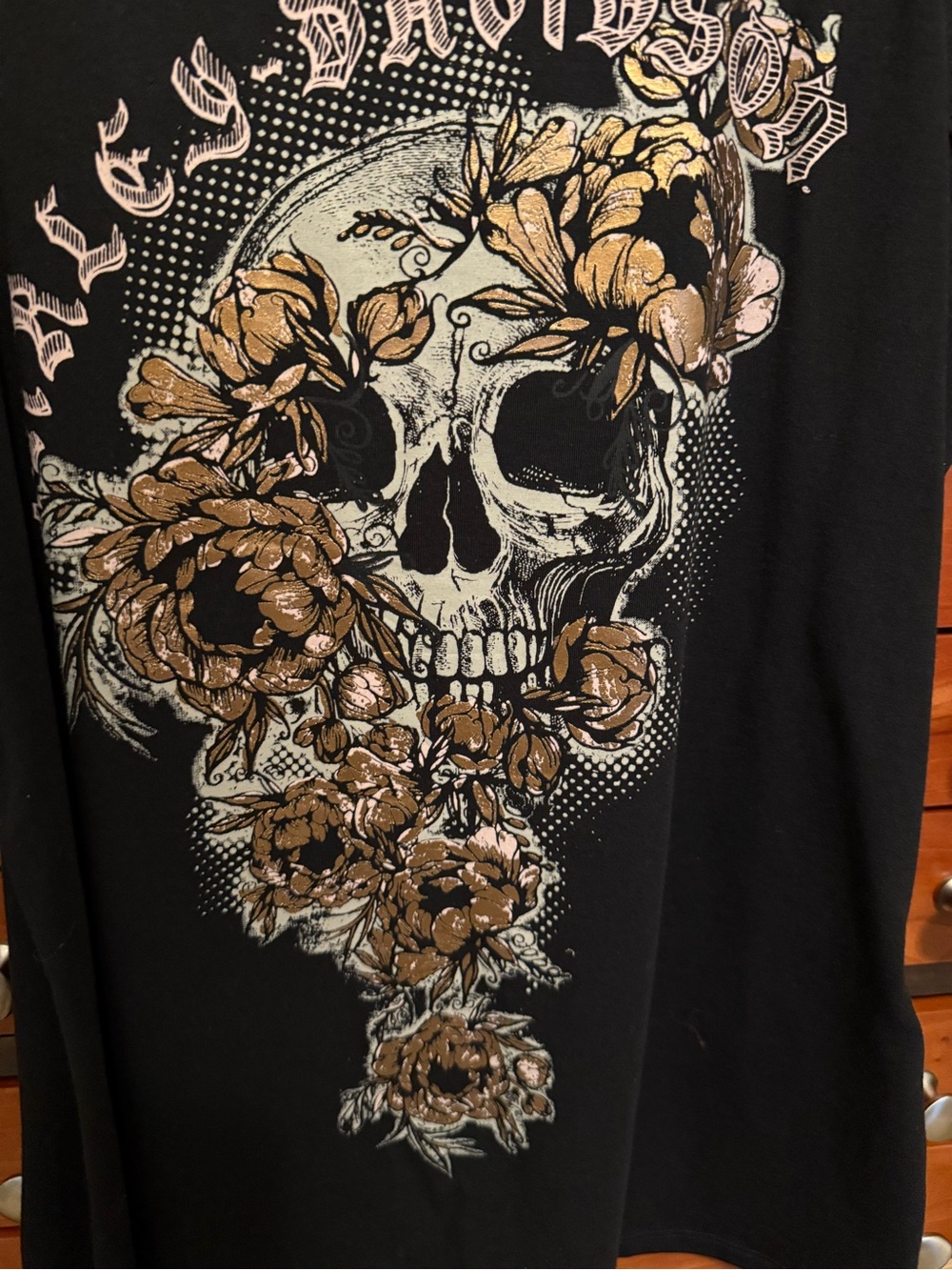 Harley-Davidson Eagle Wear Black Tee with Gold Floral Skull Graphic